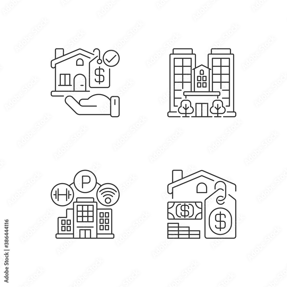 Business property pixel perfect linear icons set. Real estate. Skyscraper and condominium. Customizable thin line contour symbols. Isolated vector outline illustrations. Editable stroke Business property pixel perfect linear icons set. Real estate. Skyscraper and condominium. Customizable thin line contour symbols. Isolated vector outline illustrations. Editable stroke