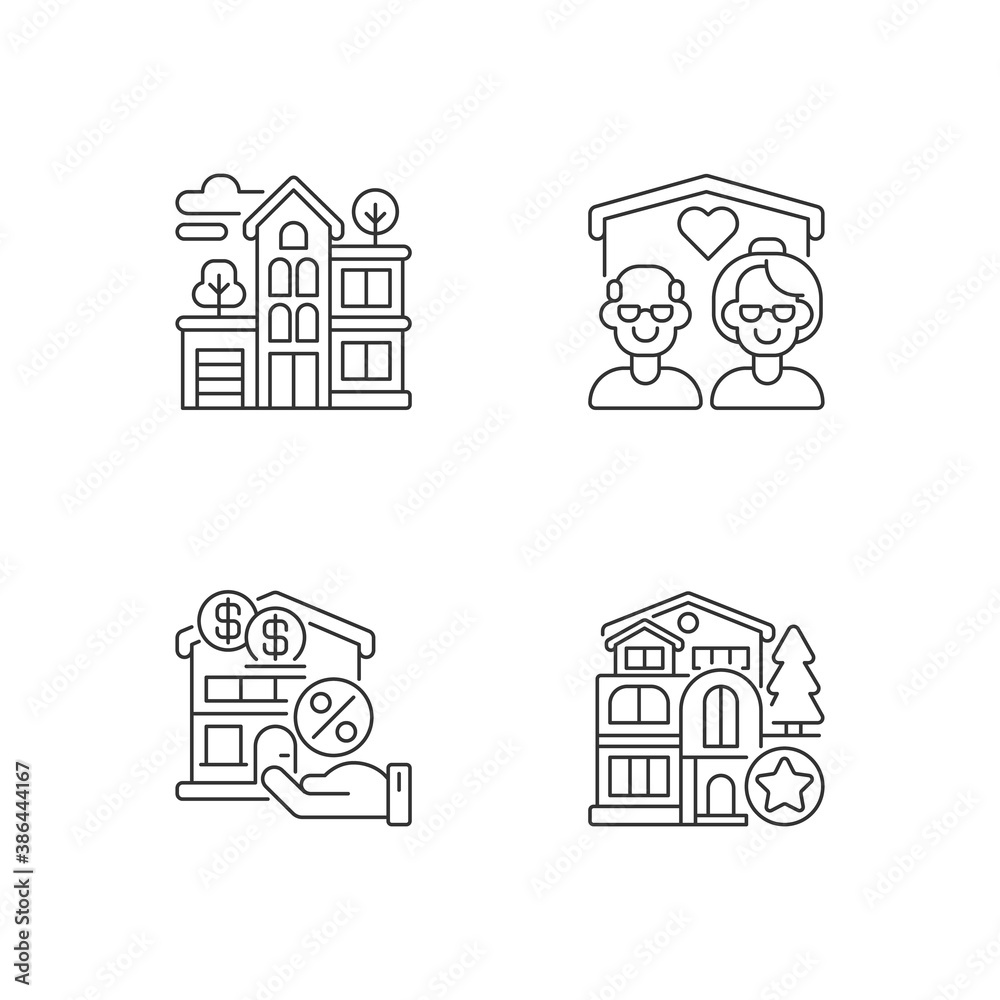 Building types pixel perfect linear icons set. Residential property. New house. Nursing home for seniors. Customizable thin line contour symbols. Isolated vector outline illustrations. Editable stroke