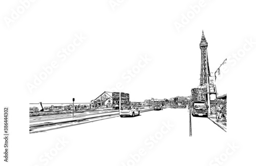 Building view with landmark of Blackpool is a seaside resort on the Irish Sea coast of England. Hand drawn sketch illustration in vector.