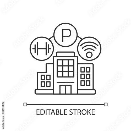 Building amenities pixel perfect linear icon. Services in hotel. Wifi spot in apartment. Thin line customizable illustration. Contour symbol. Vector isolated outline drawing. Editable stroke