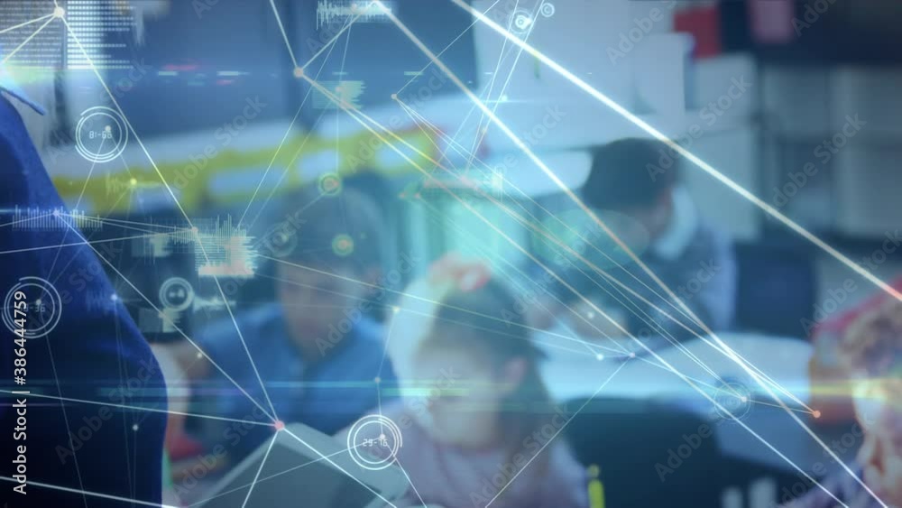 Network of connections and data processing against female teacher using digital tablet in class