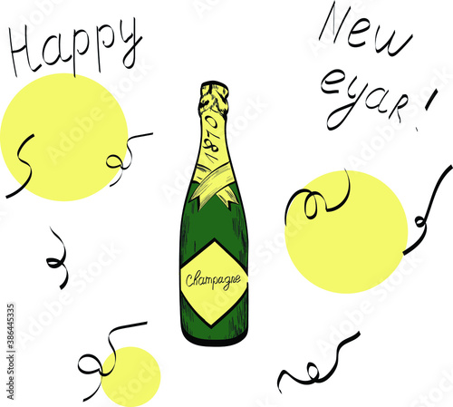 bottle of champagne with splash, hand drawn isolated illustration and lettering on white background. Concept for print, menu, logo