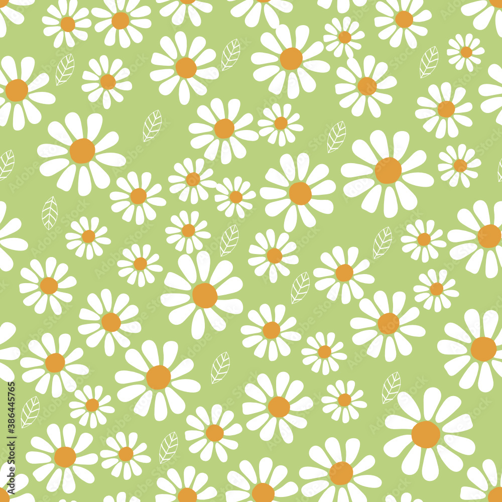 Obraz premium Seamless pattern with daisy flower on green background vector.