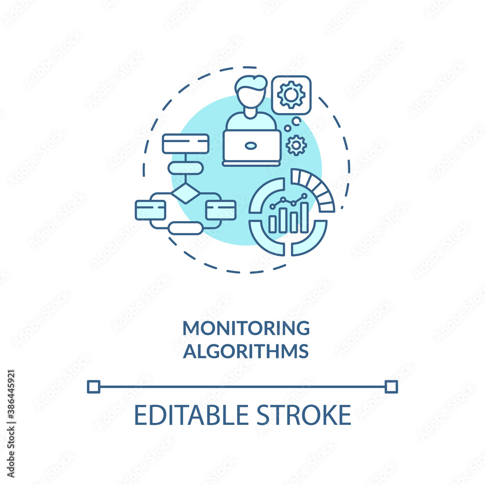 Monitoring algorithms concept icon. Becoming nanoinfluencer tip idea thin line illustration. Search engine algorithms. Ranking factors. Vector isolated outline RGB color drawing. Editable stroke