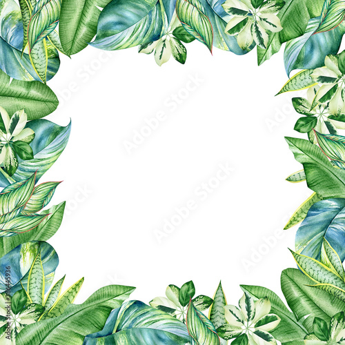 Floral frame with watercolor tropical plants