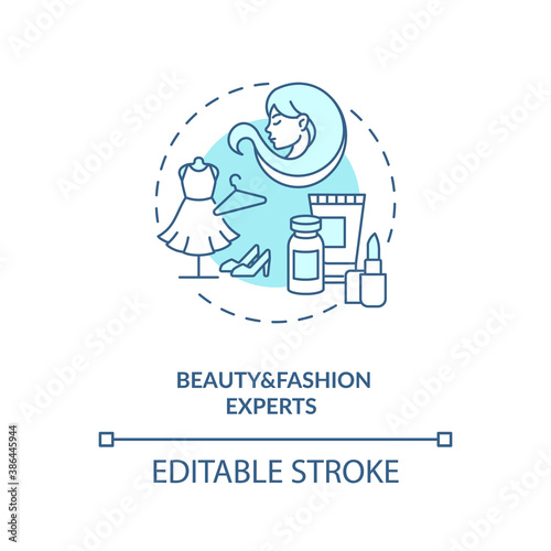 Fototapeta Naklejka Na Ścianę i Meble -  Beauty and fashion experts concept icon. Influencers type idea thin line illustration. Beauty vlog. Easy-to-follow hair, makeup tutorials. Vector isolated outline RGB color drawing. Editable stroke