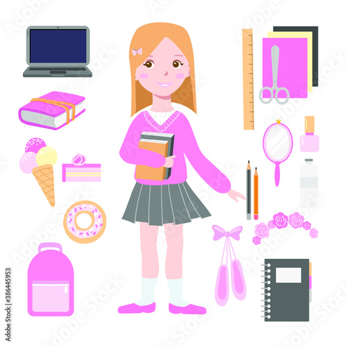 
school girl with pink accessories and pointe