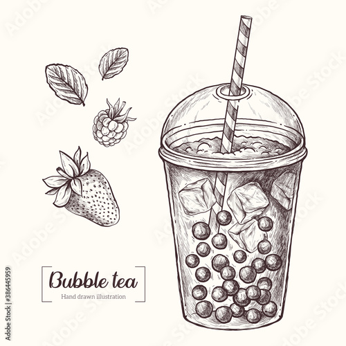 Bubble tea. Drink with ice and tapioca. Strawberry, raspberry, mint. Vector Hand Drawn. Sketch Botanical Illustration. Eco healthy food. 
