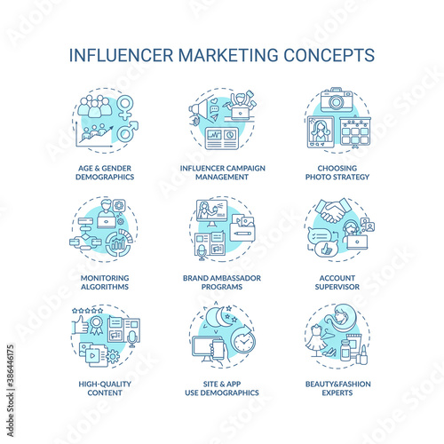 Influencer marketing concept icons set. Influencer campaign management idea thin line RGB color illustrations. Brand ambassador. Beauty experts. Vector isolated outline drawings. Editable stroke