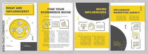 What are influencers brochure template. Influencer marketing agency. Flyer, booklet, leaflet print, cover design with linear icons. Vector layouts for magazines, annual reports, advertising posters