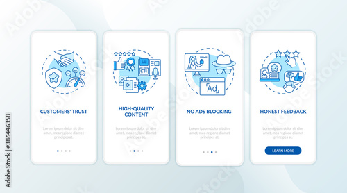 Influencer marketing benefits onboarding mobile app page screen with concepts. Consumers loyalty, feedback walkthrough 4 steps graphic instructions. UI vector template with RGB color illustrations