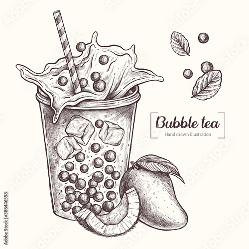Bubble tea. Drink with ice and tapioca. Coconut, mango, mint. Vector Hand Drawn. Sketch Botanical Illustration. Eco healthy food. 