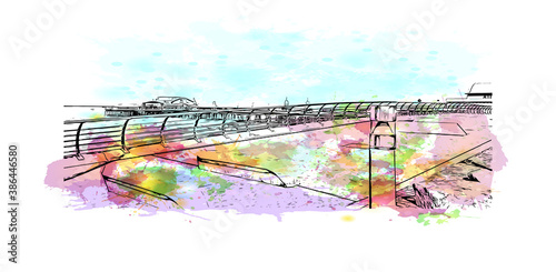 Building view with landmark of Blackpool is a seaside resort on the Irish Sea coast of England. Watercolor splash with hand drawn sketch illustration in vector.