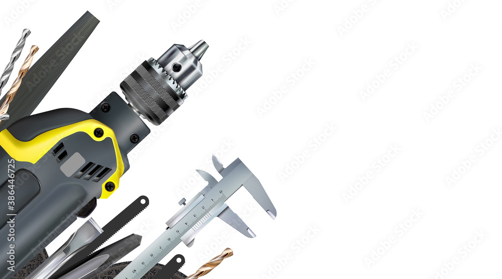 3d Angular composition of set tools of locksmith, hand metalworking and locksmithing, isolated on white background. Craft illustration, copy-space. 3d Angular composition of set tools of locksmith, hand metalworking and locksmithing, isolated on white background. Craft illustration, copy-space.