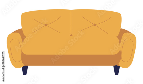 Retro yellow colored sofa. Living room furniture design concept modern home interior element vector. Contemporary furniture for living room or home office. Modern sofa with soft cloth upholstery