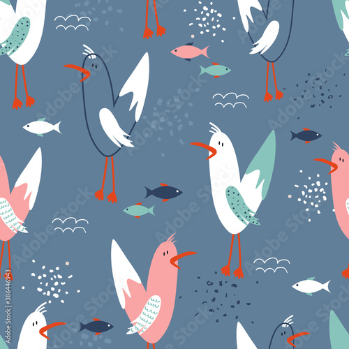 Seamless pattern, birds and fishes, hand drawn overlapping backdrop. Colorful background vector. Cute illustration, seagulls. Decorative wallpaper, good for printing