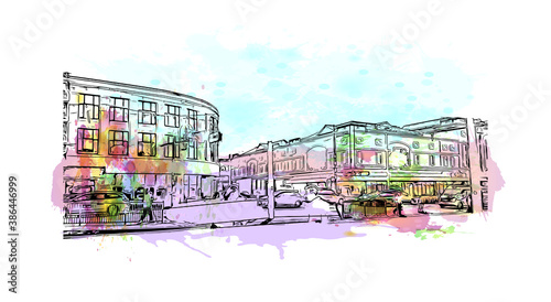 Building view with landmark of Blackpool is a seaside resort on the Irish Sea coast of England. Watercolor splash with hand drawn sketch illustration in vector.