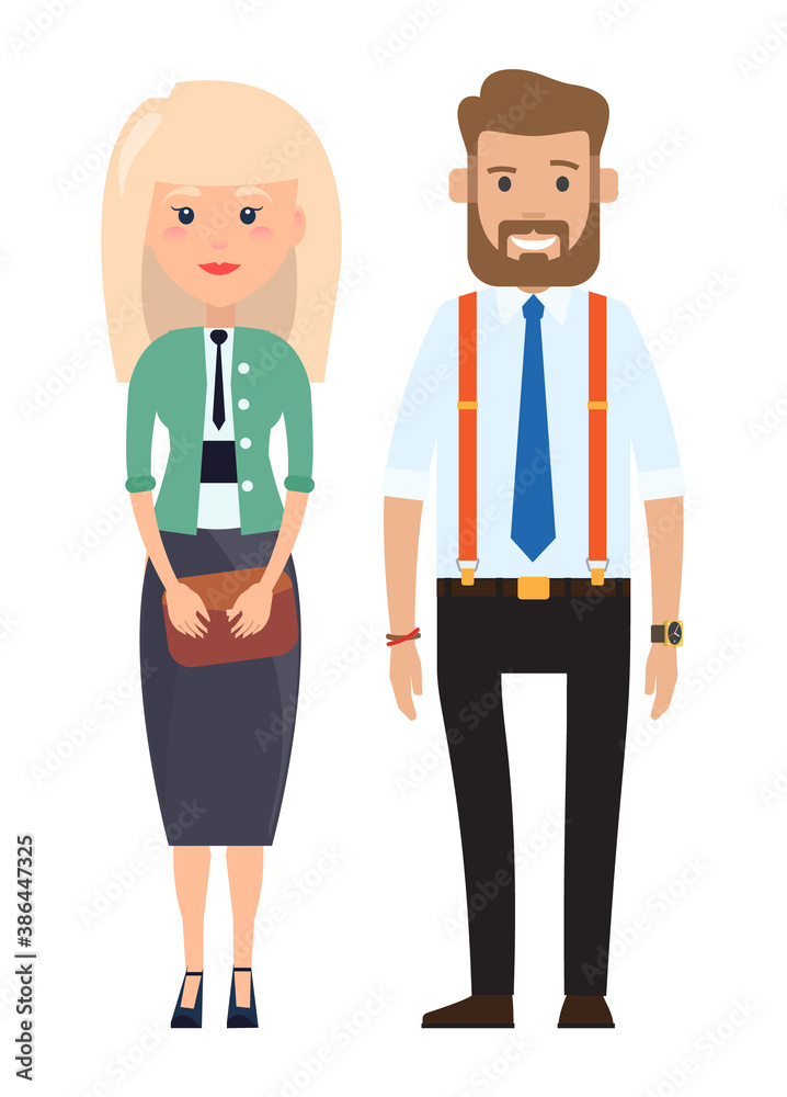 Stylish businessmen. Cartoon man and wooman characters in fashion clothes. Bearded man in a shirt with a tie, suspender pants. Blonde businesswoman with clutch bag in hand flat style illustration Stylish businessmen. Cartoon man and wooman characters in fashion clothes. Bearded man in a shirt with a tie, suspender pants. Blonde businesswoman with clutch bag in hand flat style illustration
