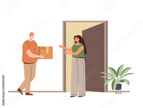 Delivery man courier character bring order box to woman consumer. Vector flat graphic design illustration