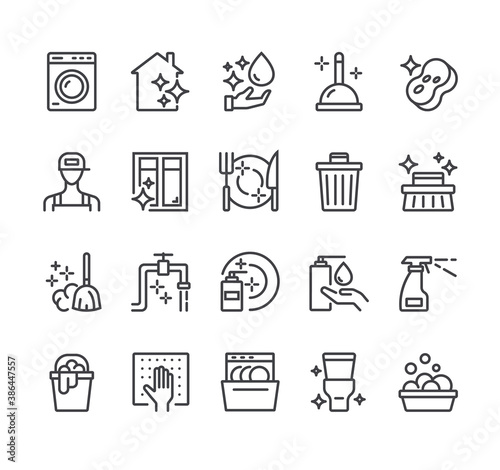 Cleaning housekeeping washing line icon isolated set. Vector flat graphic design