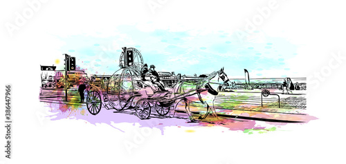 Building view with landmark of Blackpool is a seaside resort on the Irish Sea coast of England. Watercolor splash with hand drawn sketch illustration in vector.