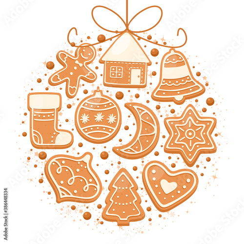 Christmas gingerbread cookies. Vector illustration of winter gingerbread for web, poster, invitation. Christmas treats with Santa's house, snowflake, crescent, gingerbread man, bell, Christmas tree