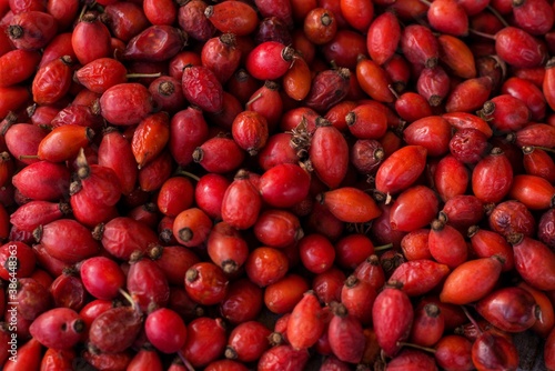 Dried red rosehip berries. Vitamin C. Background from berries.