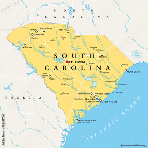 South Carolina, SC, political map, with the capital Columbia, largest cities and borders. State in the southeastern region of the United States of America. The Palmetto State.  Illustration. Vector.