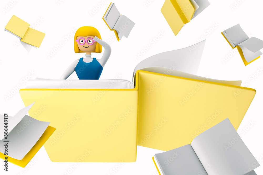 Schoolgirl Sophie is in a hurry to knowledge. Children's imagination. 3d character of the schoolgirl. 3d illustration. 3d rendering Schoolgirl Sophie is in a hurry to knowledge. Children's imagination. 3d character of the schoolgirl. 3d illustration. 3d rendering
