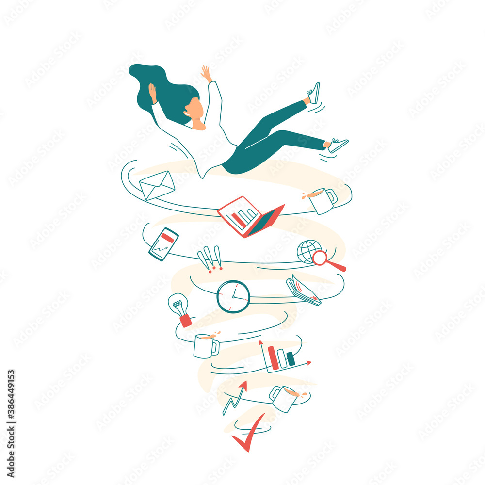 Young woman falls into a cycle of employment, charts, email, phone, reports. Concept of work in a very busy state or a lot of work, deadline, burnout, emotional exhausted. Isolated vector illustration Young woman falls into a cycle of employment, charts, email, phone, reports. Concept of work in a very busy state or a lot of work, deadline, burnout, emotional exhausted. Isolated vector illustration
