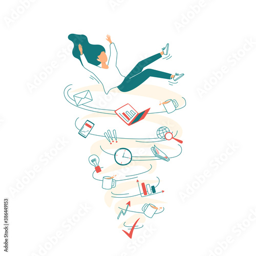 Young woman falls into a cycle of employment, charts, email, phone, reports. Concept of work in a very busy state or a lot of work, deadline, burnout, emotional exhausted. Isolated vector illustration