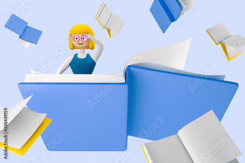 Schoolgirl Sophie is in a hurry to knowledge. Children's imagination. 3d character of the schoolgirl. 3d illustration.  3d rendering photo