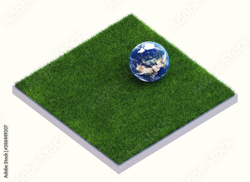 Earth globe on a grass field 3d render.