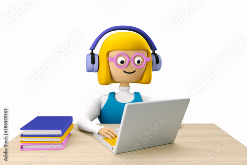 Schoolgirl Sophie learn from home by laptop. 3d character of a schoolgirl in headphones with a laptop. 3d illustration. 3d rendering