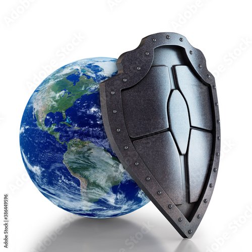 Earth globe under shield protection 3d illustration.