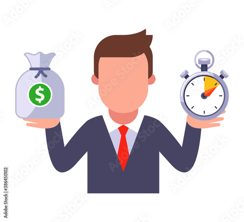 a man in a business suit holds money in one hand, and in the other time. flat vector character illustration.