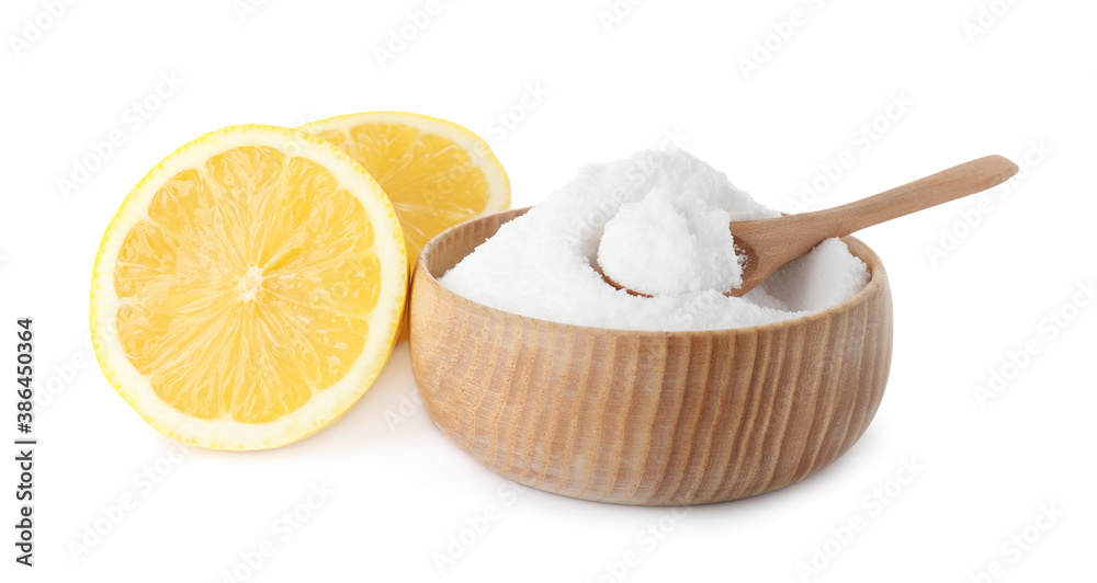 Baking soda and cut lemon on white background Baking soda and cut lemon on white background