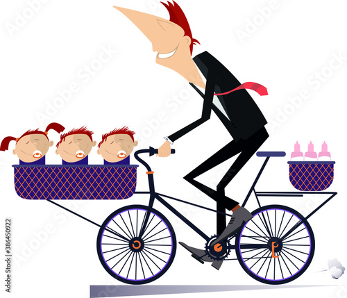 Smiling young man, a bike and babies illustration. Happy man rides a bike with three babies and infant food in the baskets isolated on white
