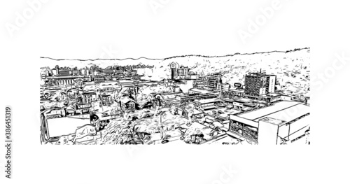 Building view with landmark of Blumenau is a city in southern Brazil. Hand drawn sketch illustration in vector.