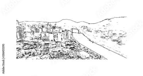 Building view with landmark of Blumenau is a city in southern Brazil. Hand drawn sketch illustration in vector.