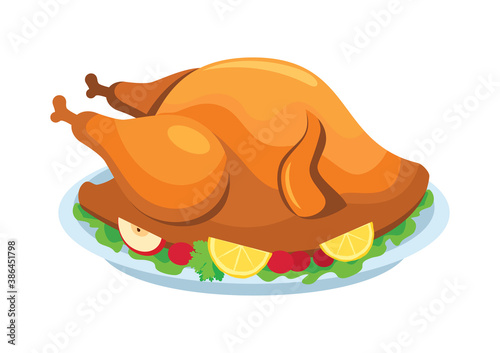 Thanksgiving roasted turkey meat with garnish icon vector. Roasted whole turkey on a plate icon isolated on a white background. Roast turkey thanksgiving dinner vector
