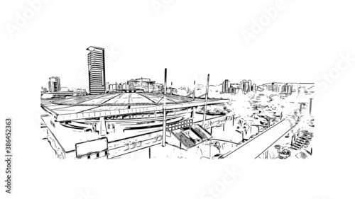 Building view with landmark of Blumenau is a city in southern Brazil. Hand drawn sketch illustration in vector.