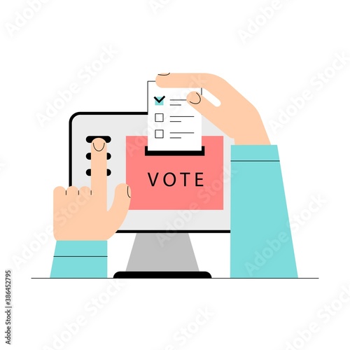 Electronic voting concept. Online electronic poll. Flat vector illustration with laptop screen, voting box and voter hands and putting papper vote.  Electronic voting system for election, government 