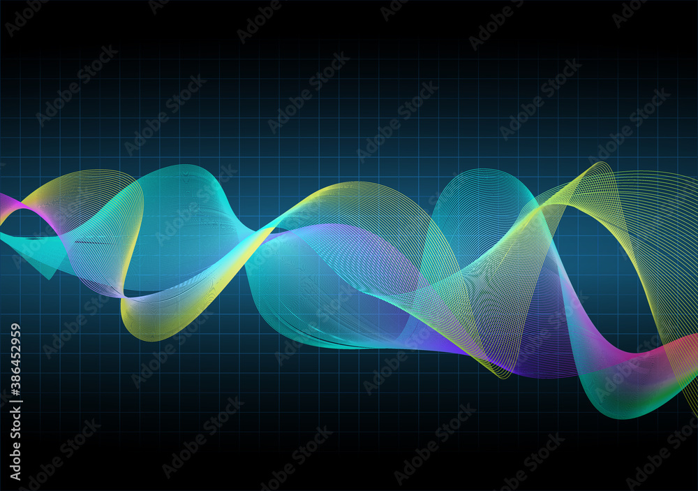 Frequency of the blue sound wave on a black background. Neon. Music waves. Stock vector illustration.	
