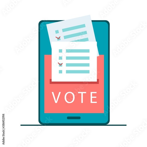 Electronic voting concept. Online electronic poll. Flat vector illustration with tablet screen, voting box and papper vote.  Electronic voting system for election, government