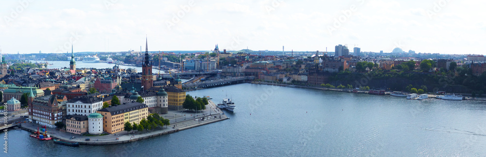 Panoramic view and bird's eye view of the historic center of Stockholm, Gamla Stan, Stockholm Archipelago.