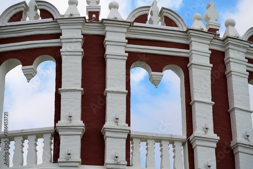 Low angle view on Kutafya tower of Moscow Kremlin by blue sky