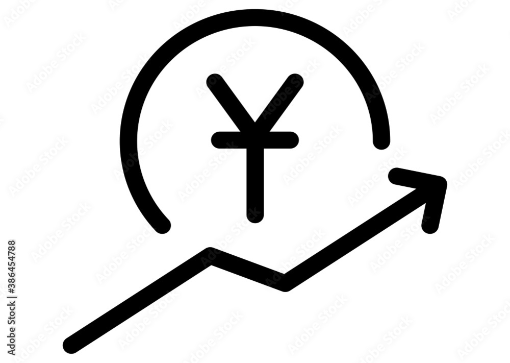 Obraz premium Yuan rate increase icon. Money symbol with stretching arrow up. rising prices. Business cost sale icon. cash salary increase. investment growth. vector illustration