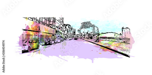 Building view with landmark of Blumenau is a city in southern Brazil. Watercolor splash with hand drawn sketch illustration in vector.