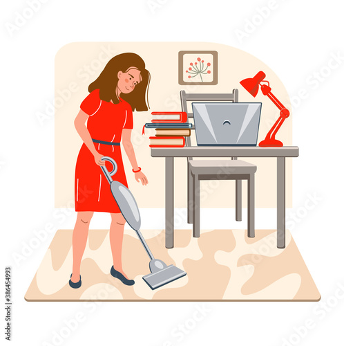 Smiling girl is cleaning children's room with a vacuum cleaner. Online education concept. Happy people at home. Vector illustration in flat style